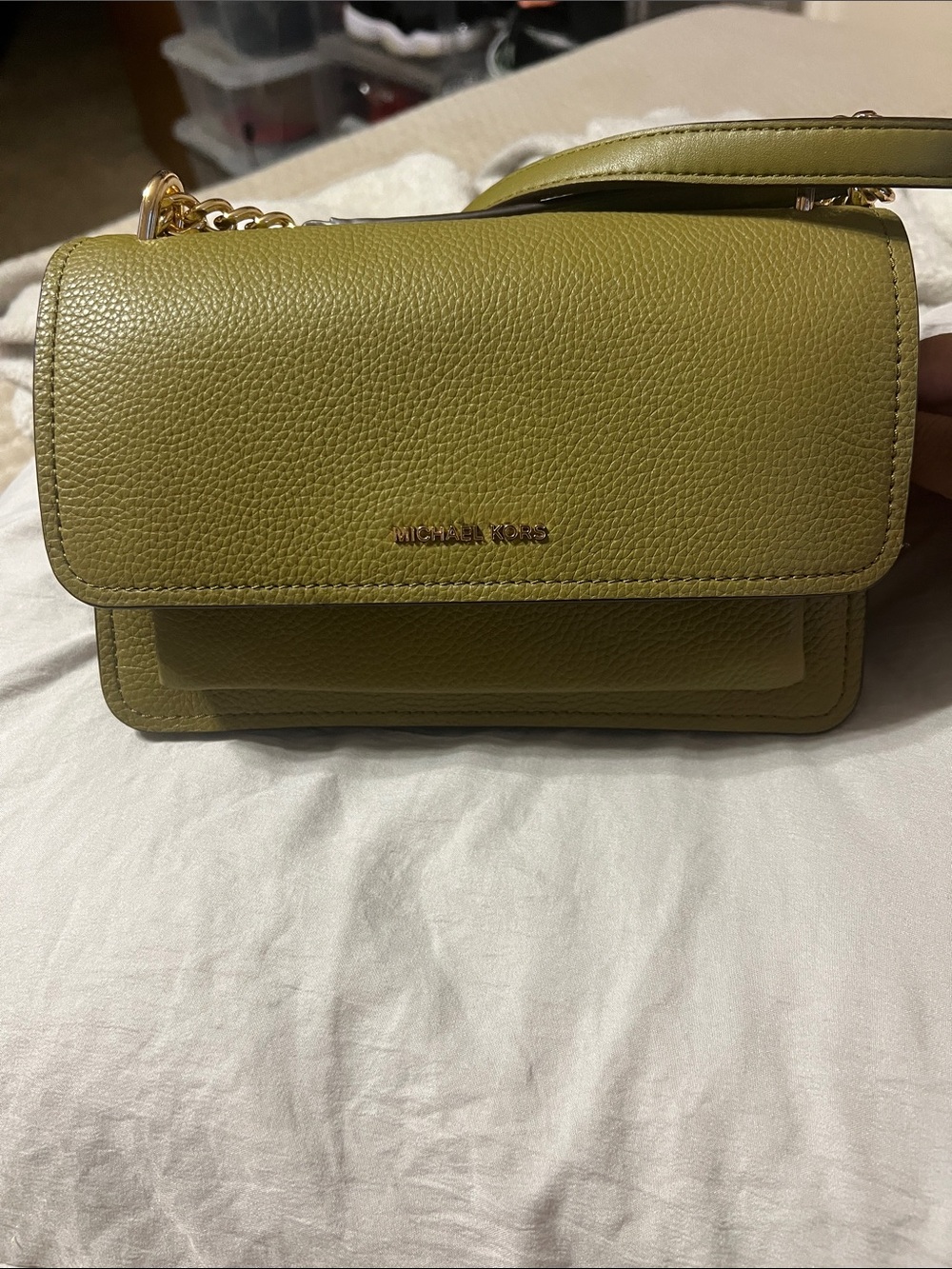 Michael Kors Olive Green Pebbled Leather Crossbody with Gold Chain